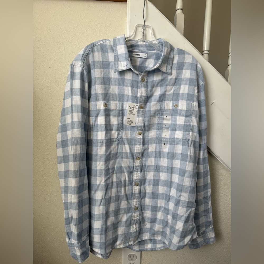 Sonoma NWT Men’s Light Blue and White Plaid Flannel Shirt